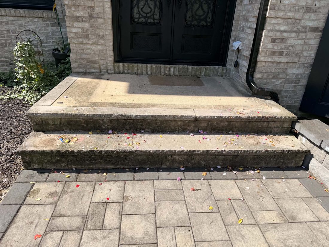 Front steps stained and covered in debris before cleaning